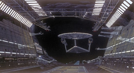 Forward view of the USS Enterprise approaching an asteroid space dock - Ralph McQuarrie.